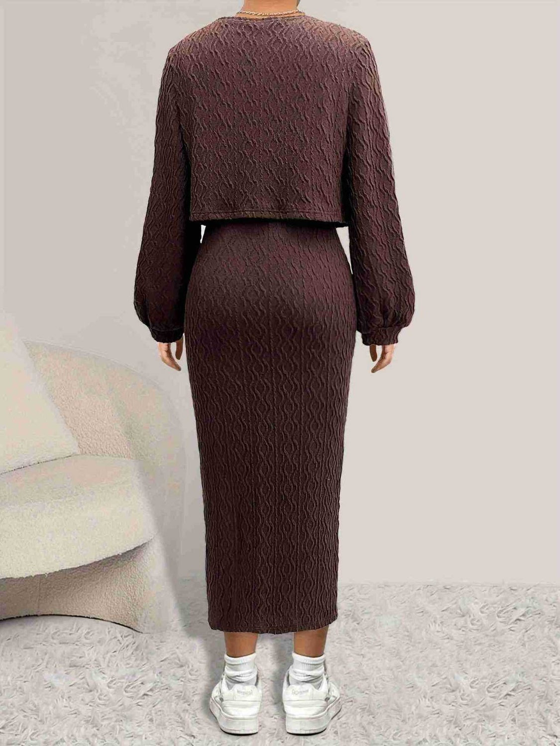 Open Front Long Sleeve Cardigan and Side Slit Cami Dress Set - Body By J'ne