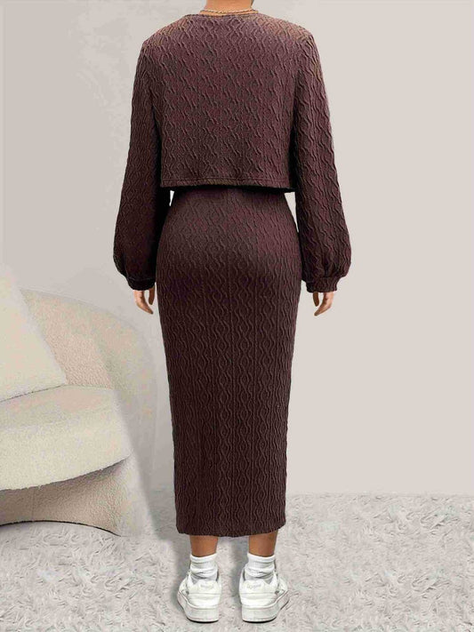 Open Front Long Sleeve Cardigan and Side Slit Cami Dress Set - Body By J'ne