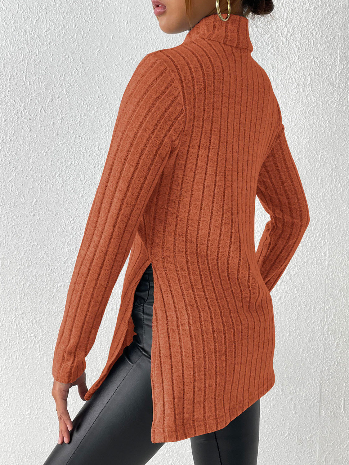 Ribbed Turtleneck Long Sleeve Slit T-Shirt - Body By J'ne