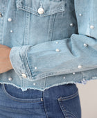 Distressed Pearl Trim Button Up Denim Jacket