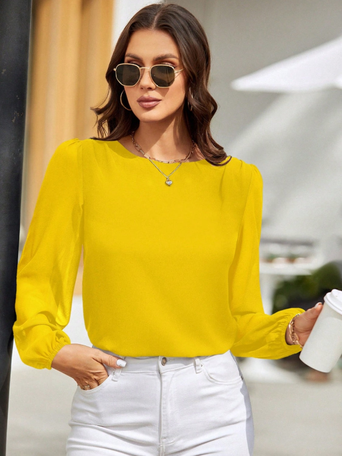 Round Neck Balloon Sleeve Blouse - Body By J'ne