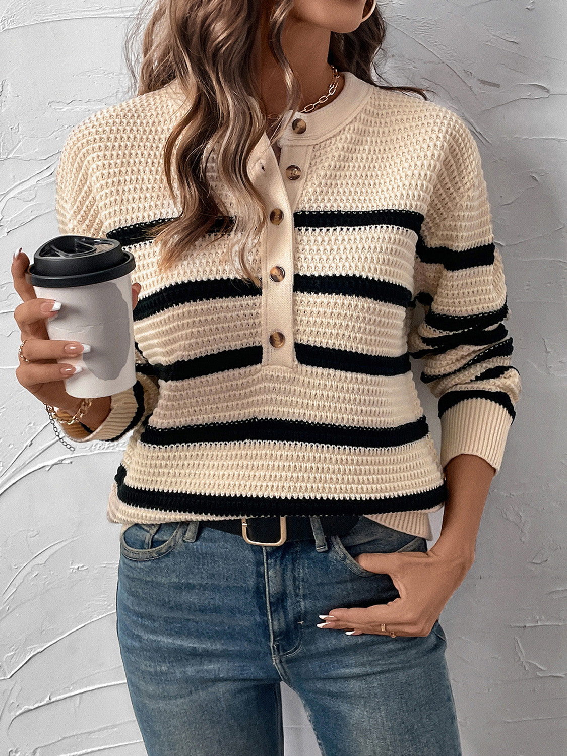 Perfee Striped Half Button Long Sleeve Sweater - Body By J'ne