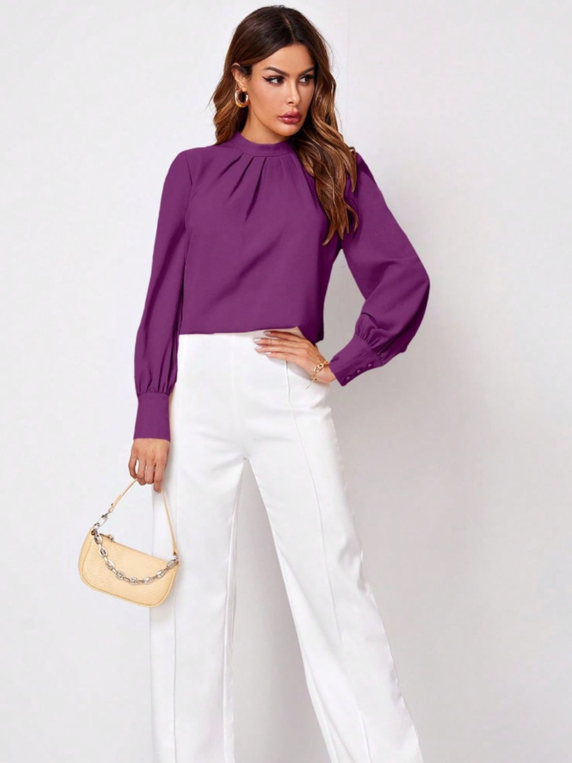 Ruched Mock Neck Long Sleeve Blouse - Body By J'ne