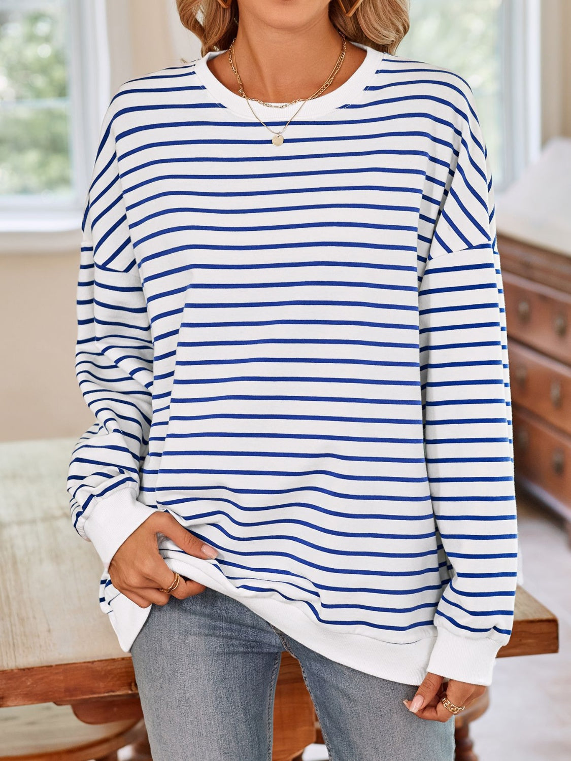 Lovelet Striped Round Neck Long Sleeve Sweatshirt - Body By J'ne