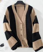 Waffle-Knit V-Neck Striped Long Sleeve Cardigan