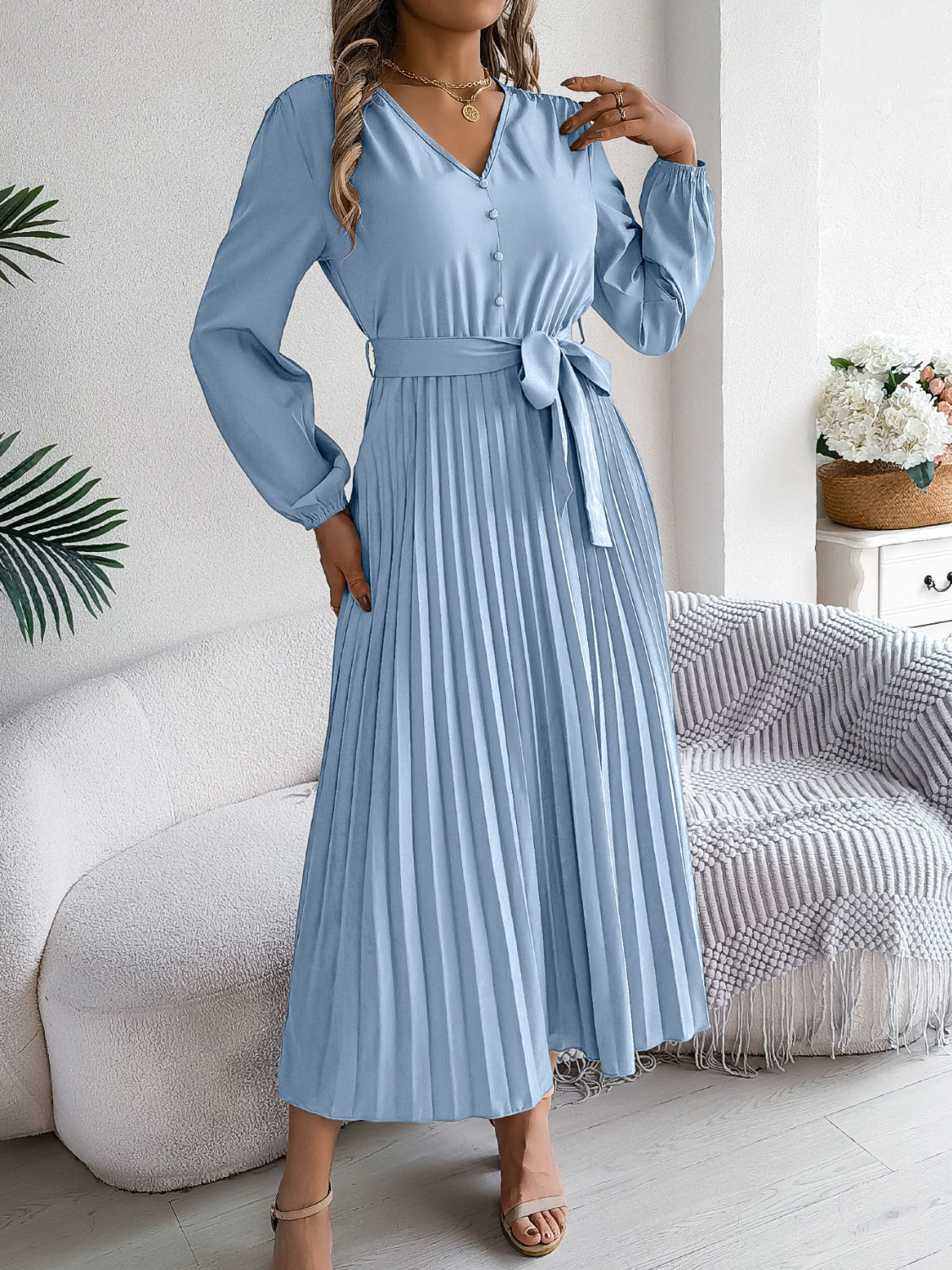 Pleated Tied V-Neck Long Sleeve Dress - Body By J'ne