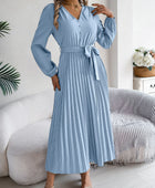 Pleated Tied V-Neck Long Sleeve Dress