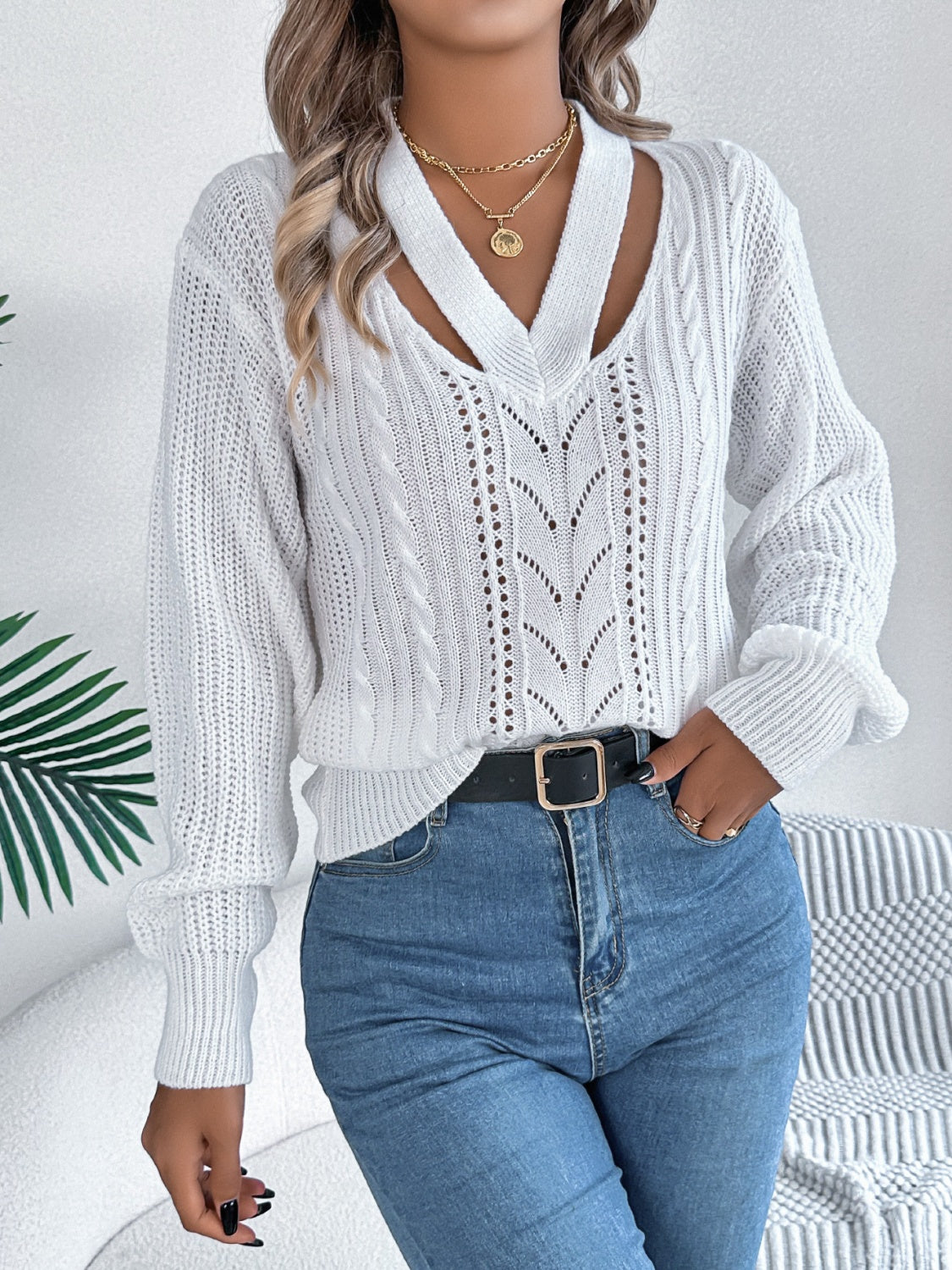 Cutout V-Neck Long Sleeve Sweater - Body By J'ne