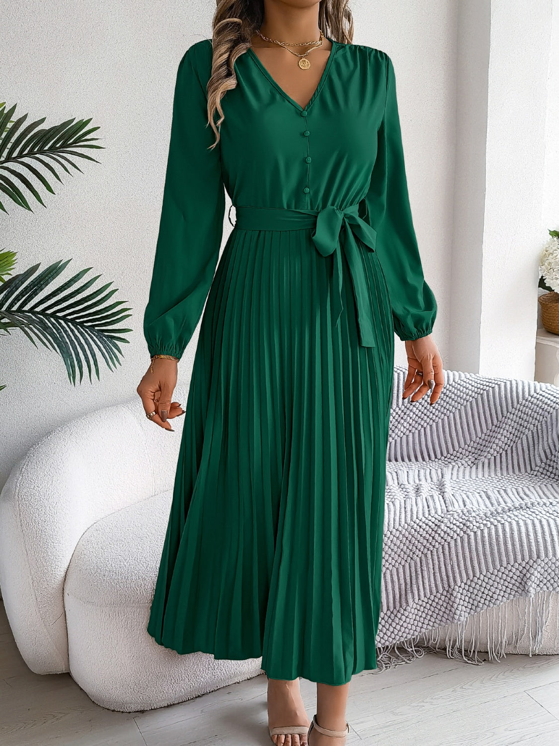 Pleated Tied V-Neck Long Sleeve Dress - Body By J'ne