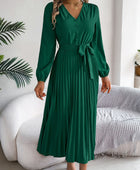 Pleated Tied V-Neck Long Sleeve Dress