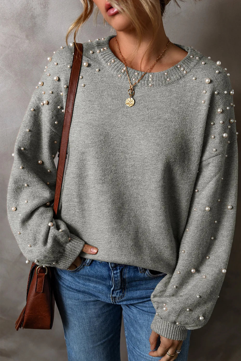 Pearl Detail Round Neck Long Sleeve Sweater - Body By J'ne