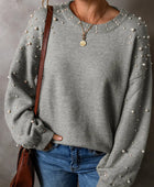 Pearl Detail Round Neck Long Sleeve Sweater