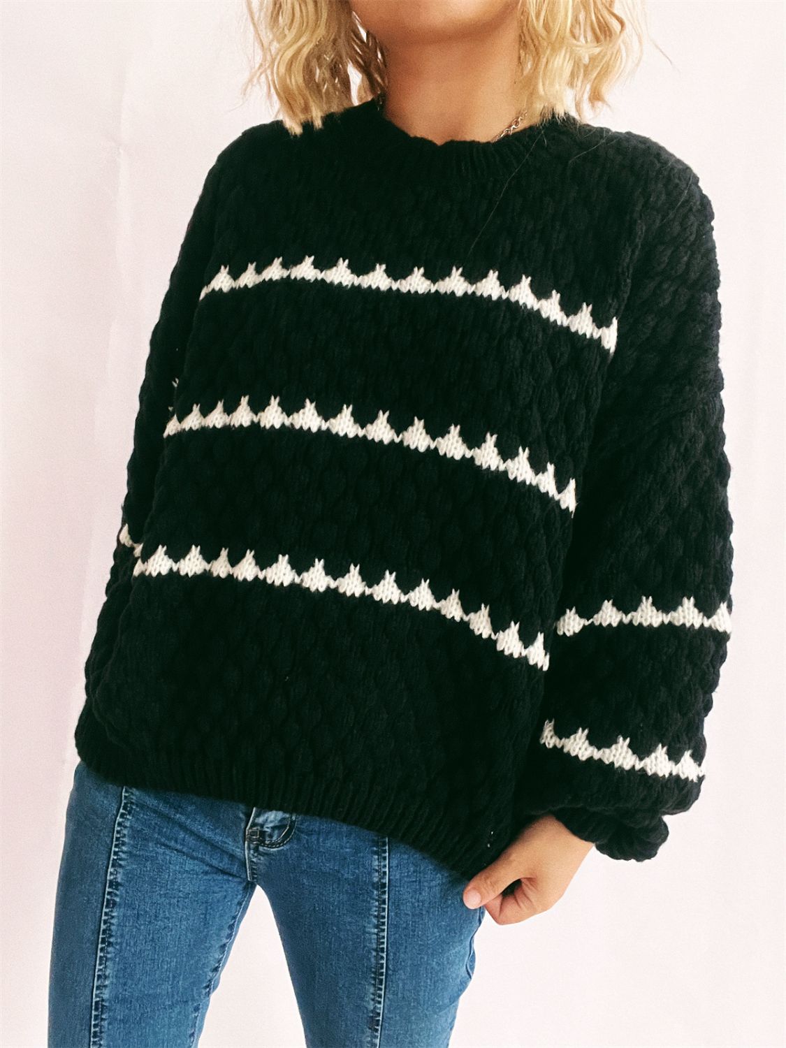 Contrast Stripes Round Neck Long Sleeve Sweater - Body By J'ne