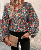 Printed V-Neck Balloon Sleeve Blouse