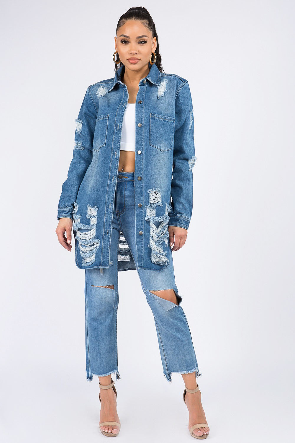 Distressed Button Down Denim Shirt Jacket - Body By J'ne