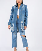 Distressed Button Down Denim Shirt Jacket - Body By J'ne