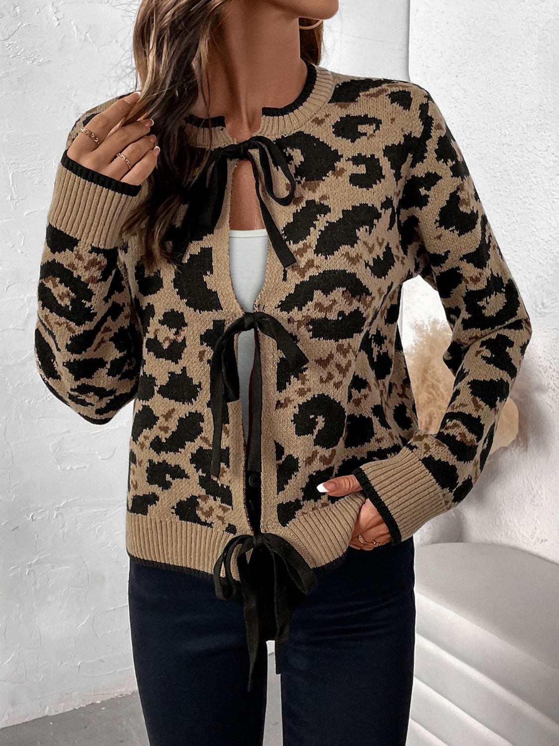 Perfee Tied Leopard Long Sleeve Cardigan - Body By J'ne