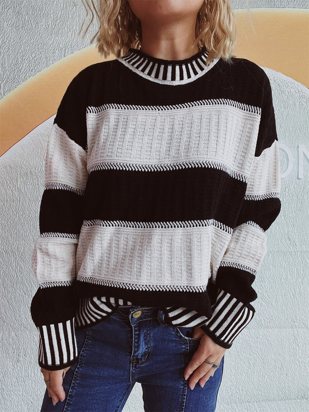 Contrast Round Neck Long Sleeve Sweater - Body By J'ne