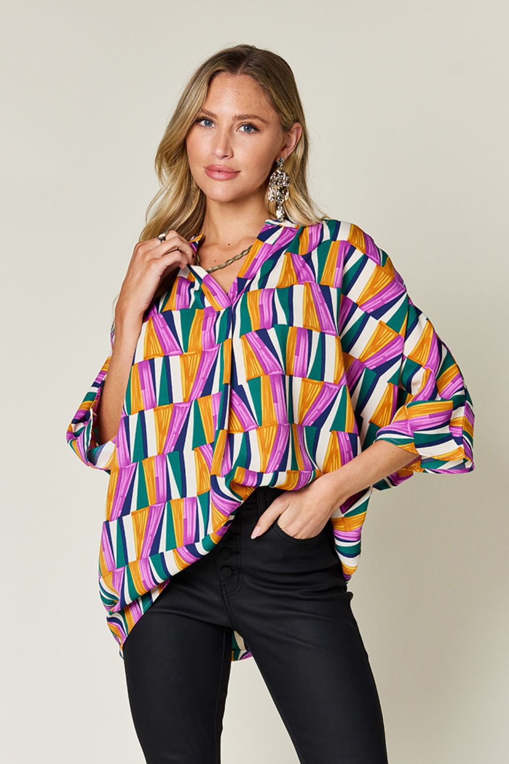 Full Size Geometric Notched Raglan Sleeve Blouse - Body By J'ne