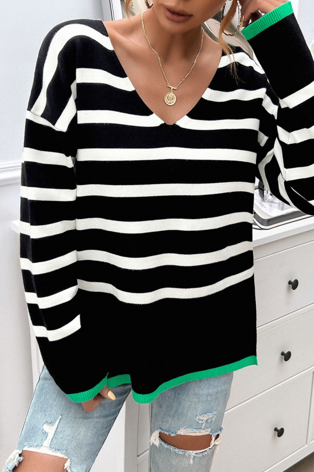 Striped V-Neck Long Sleeve Knit Top - Body By J'ne