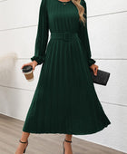 Perfee Pleated Round Neck Long Sleeve Midi Dress