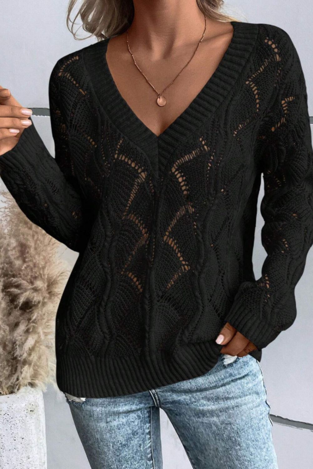 Openwork V-Neck Long Sleeve Sweater - Body By J'ne