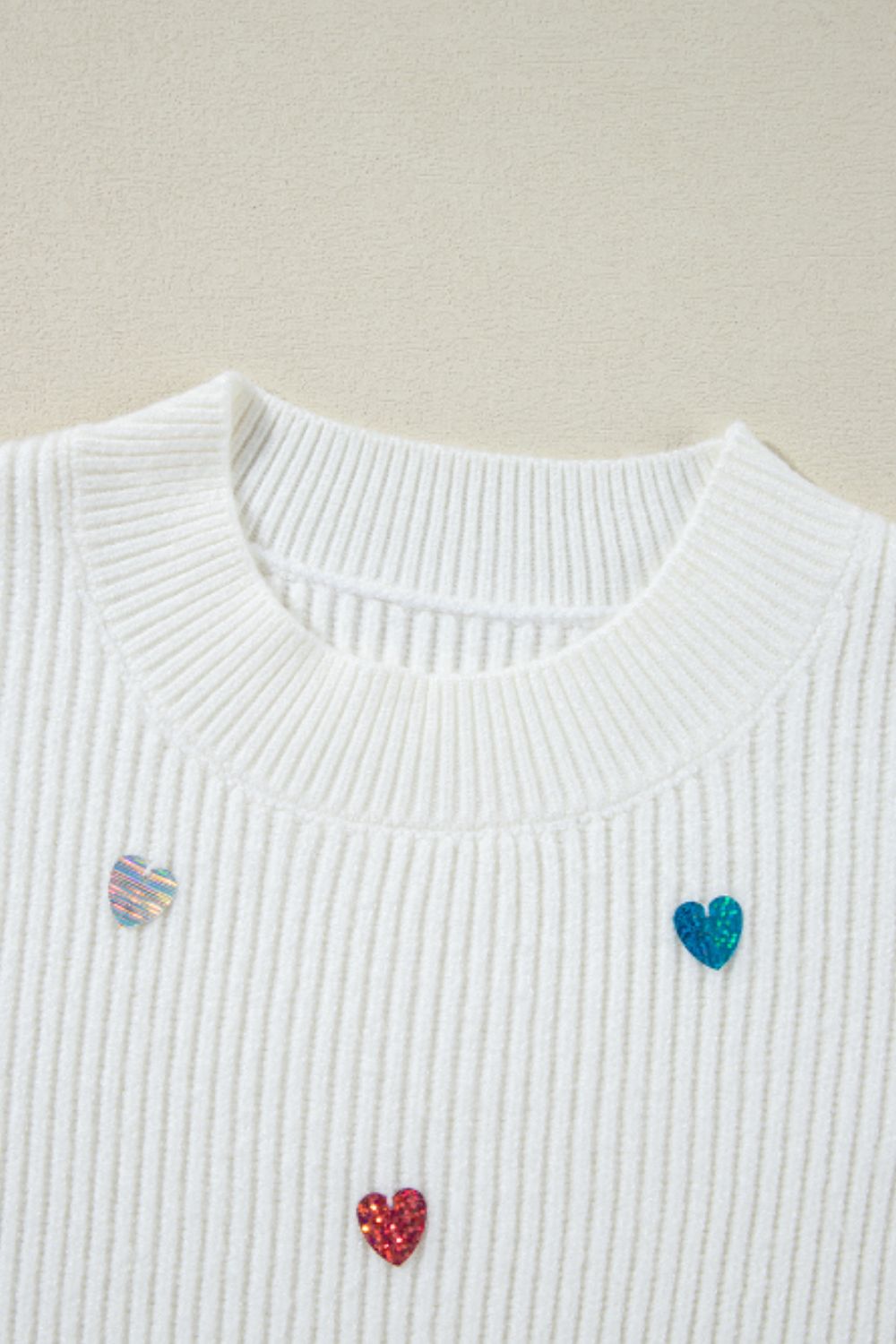 Heart Sequin Round Neck Long Sleeve Sweater - Body By J'ne