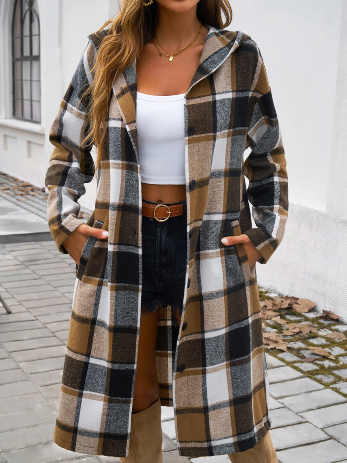 Devine Plaid Long Sleeve Hooded Coat - Body By J'ne
