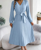 Pleated Tied V-Neck Long Sleeve Dress