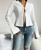 Devine Slit Tied Collared Neck Long Sleeve Blouse