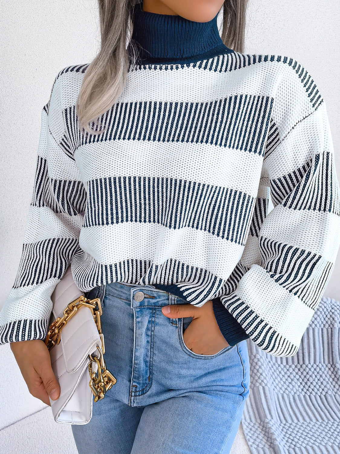 Striped Turtleneck Long Sleeve Sweater - Body By J'ne