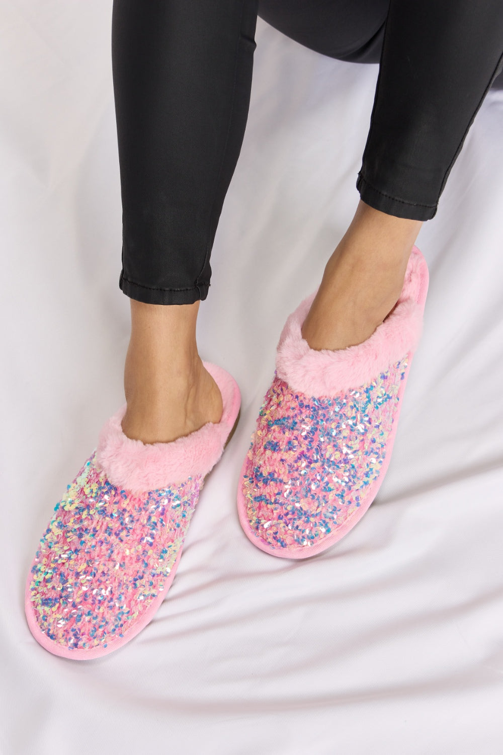 Sequin Plush Round Toe Slippers - Body By J'ne