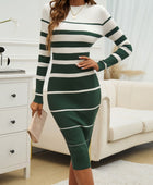 Color Block Round Neck Long Sleeve Midi Dress