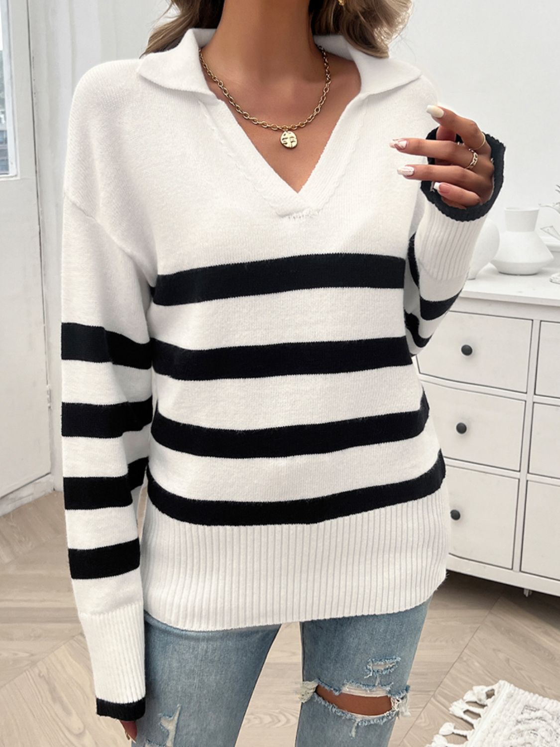 Striped Collared Neck Long Sleeve Sweater - Body By J'ne