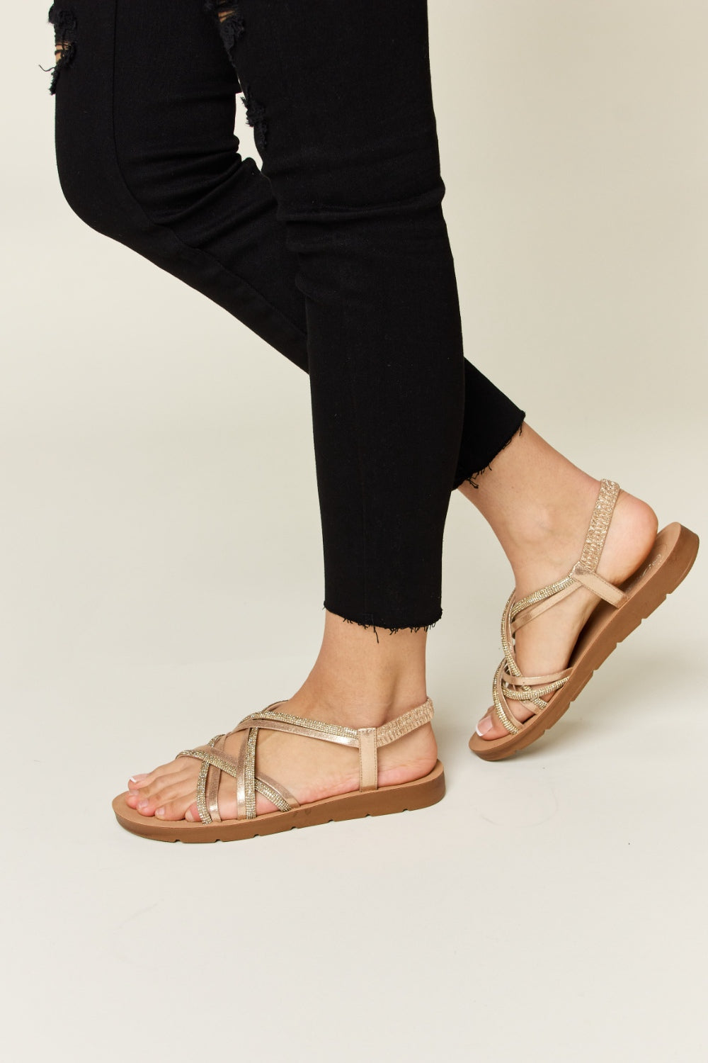 Rhinestone Crisscross Flat Sandals - Body By J'ne