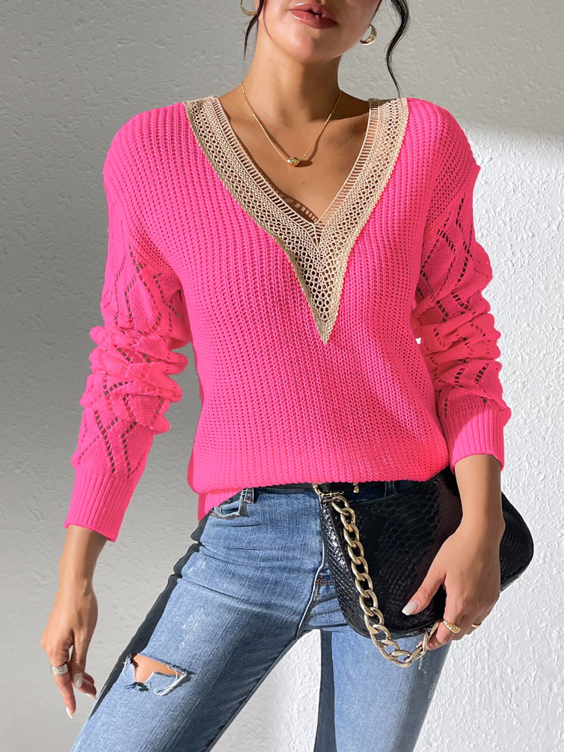Openwork V-Neck Long Sleeve Sweater - Body By J'ne