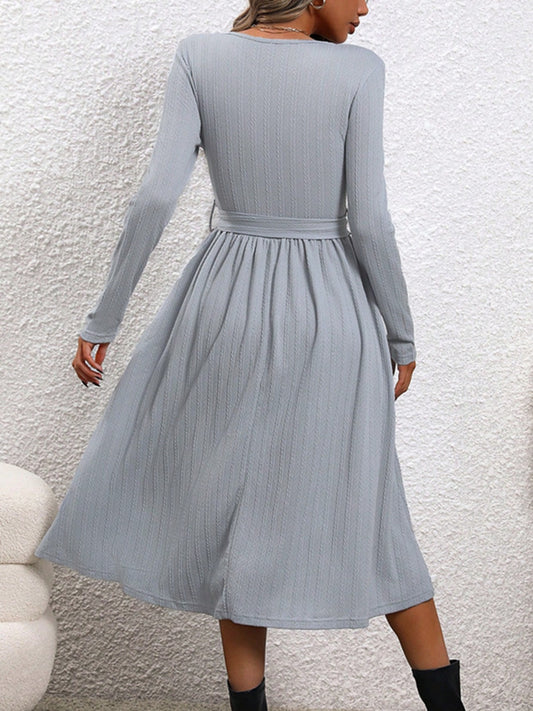 Surplice Tie Waist Long Sleeve Midi Dress - Body By J'ne