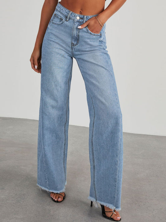 Raw Hem Wide Leg Jeans with Pockets - Body By J'ne