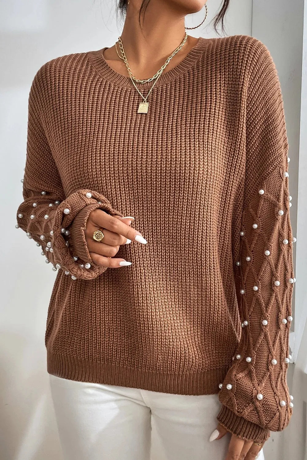 Pearl Detail Round Neck Long Sleeve Sweater - Body By J'ne
