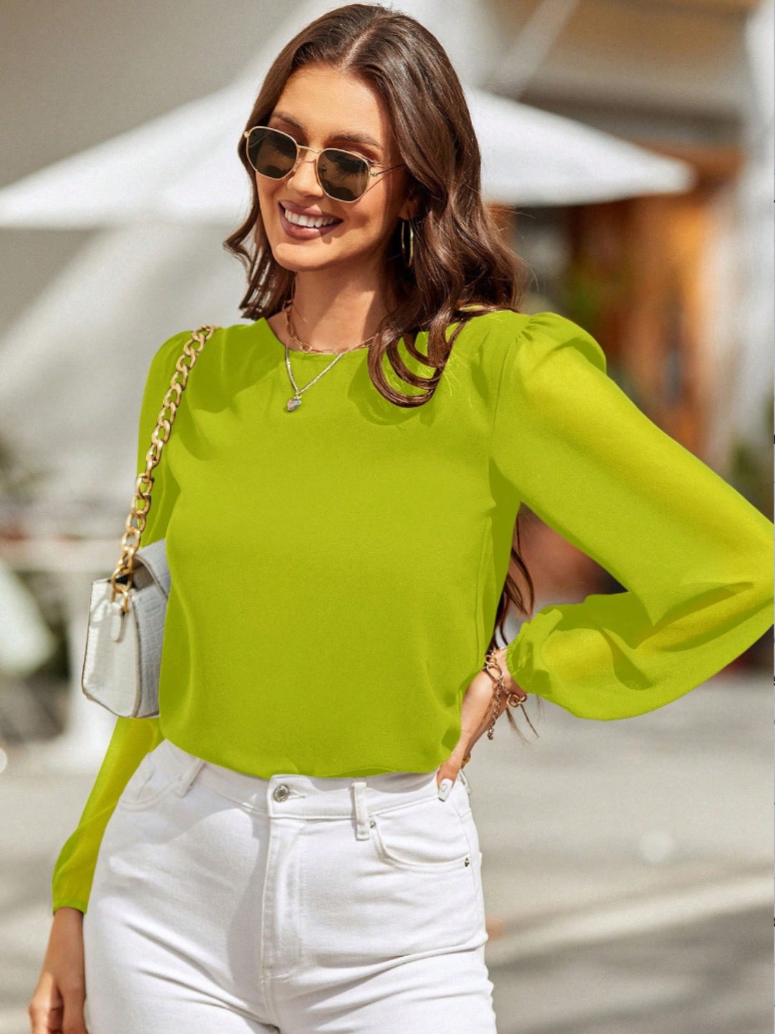 Round Neck Balloon Sleeve Blouse - Body By J'ne