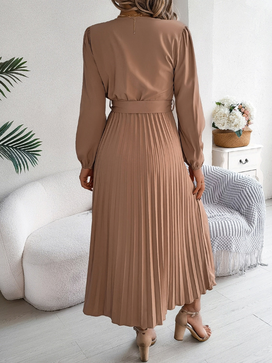 Pleated Tied V-Neck Long Sleeve Dress - Body By J'ne
