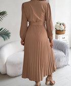 Pleated Tied V-Neck Long Sleeve Dress