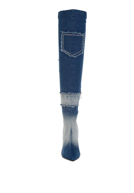 Eilish Rhinestones Knee High Denim Boots - Body By J'ne