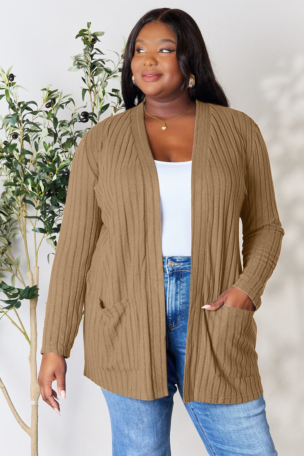 Ribbed Open Front Cardigan with Pockets - Body By J'ne