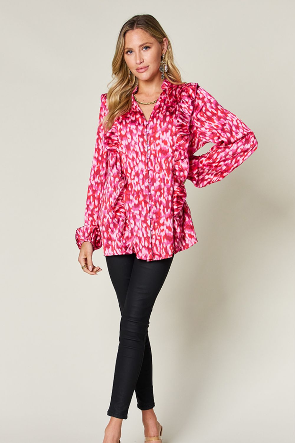 Full Size Printed Ruffle Trim Balloon Sleeve Shirt - Body By J'ne