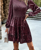 Devine Smocked Round Neck Balloon Sleeve Mini Dress