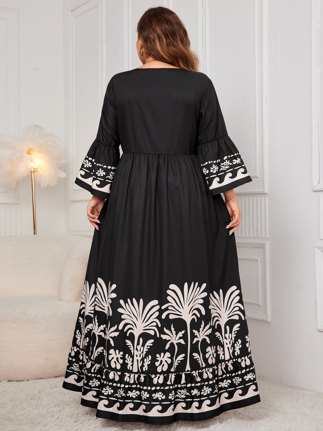 Plus Size Printed V-Neck Long Sleeve Maxi Dress - Body By J'ne