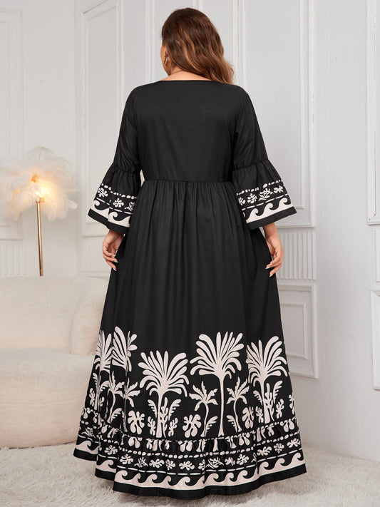 Plus Size Printed V-Neck Long Sleeve Maxi Dress - Body By J'ne