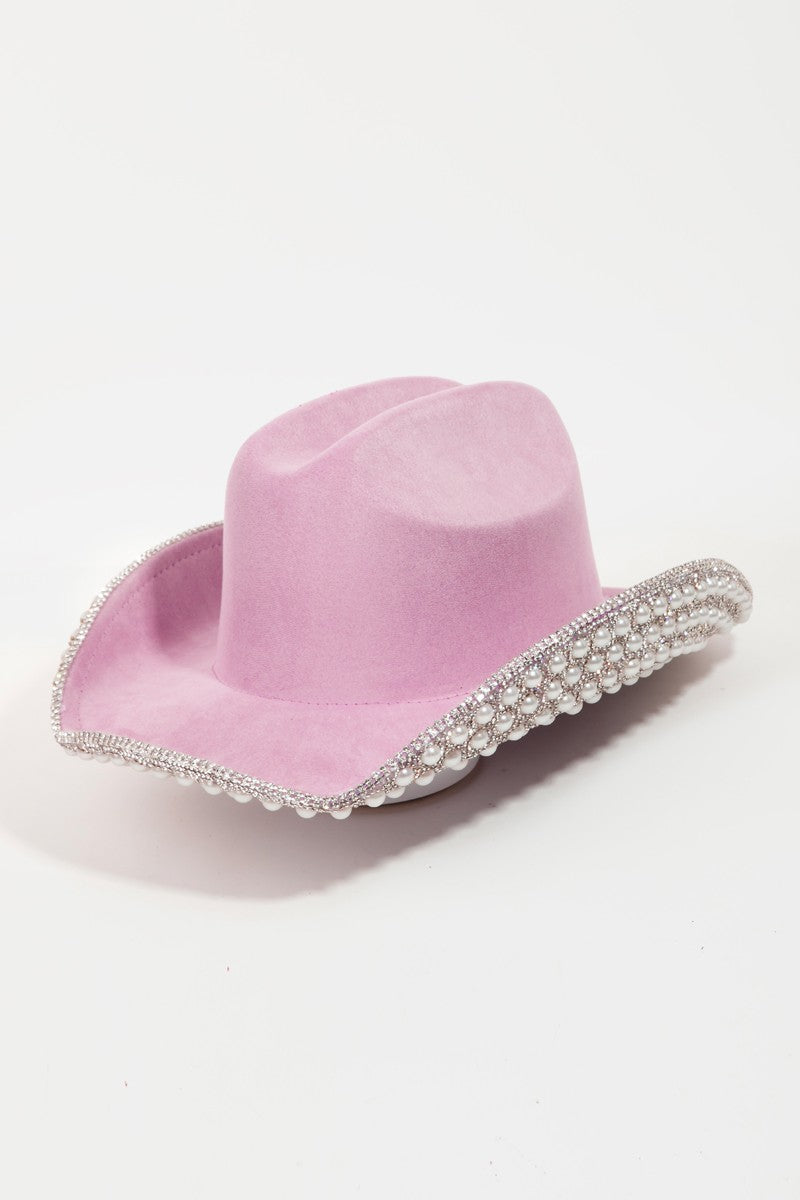 Pave Rhinestone Pearl Trim Cowboy Hat - Body By J'ne