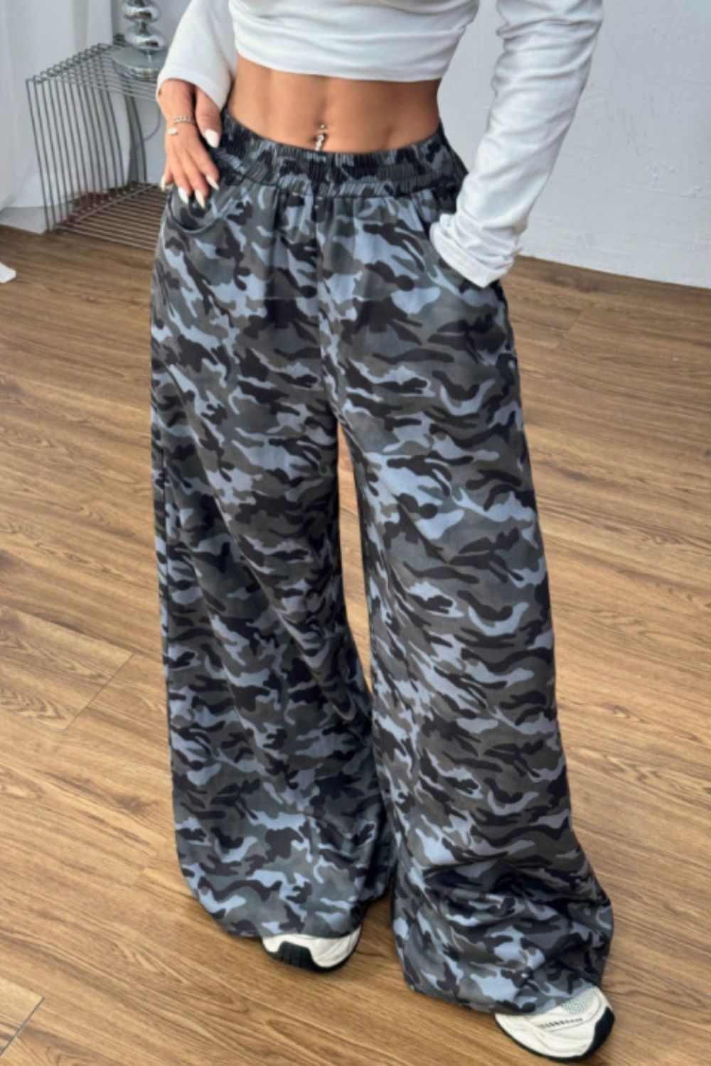 Camouflage Elastic Waist Wide Leg Pants